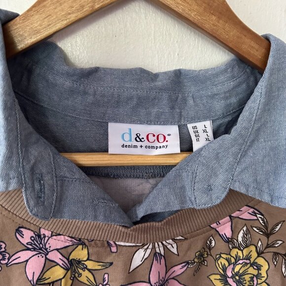 D&Co Collared Sweatshirt Womens Large Pink Floral Mixed Material - Picture 3 of 5